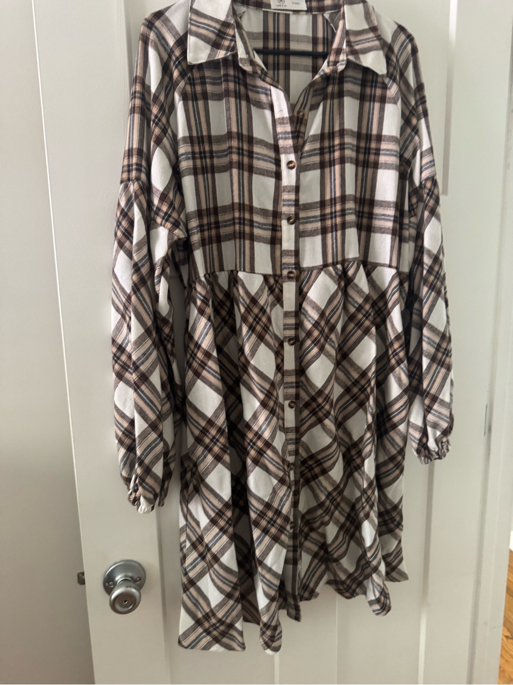 Plaid Button-Front Shirt Dress in Cream and Brown